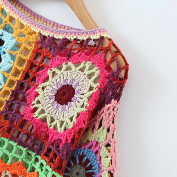 Bohemian Handmade Crochet Granny Square Long Sleeve Crew Neck Cute Summer Tops - Picture 5 of 5